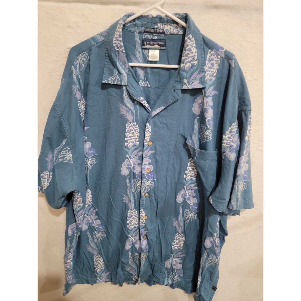 Newport Blue Mens 2X‎ Hawaiian Shirt Tropical Hibiscus Floral Cotton Rayon Blue